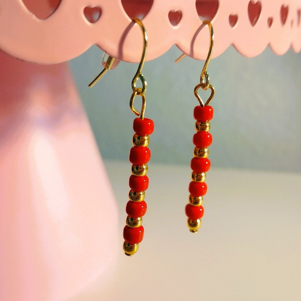 Handmade Red and Gold Beaded Chopstick Dangle Earrings